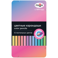 Набор цветных карандашей Гамма, 12 цв., квадратные, пастельные, в металле